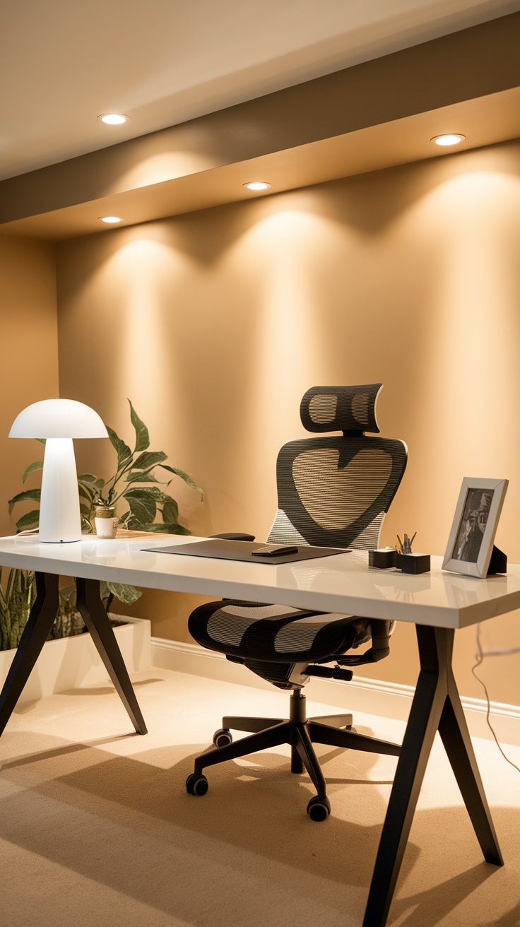 A modern basement home office featuring a desk, chair, and storage units.