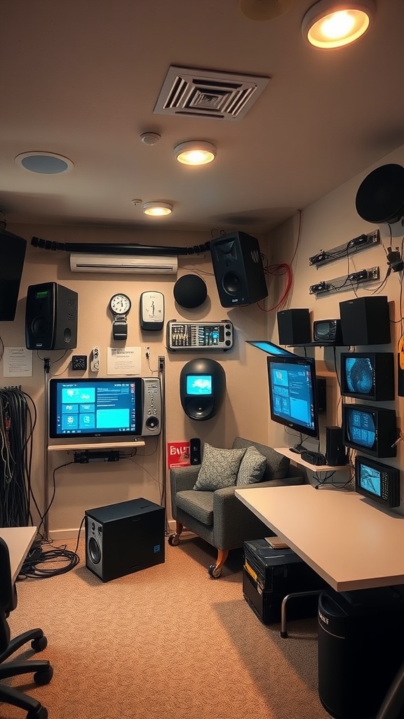 A home automation hub featuring multiple screens, audio equipment, and a cozy chair.