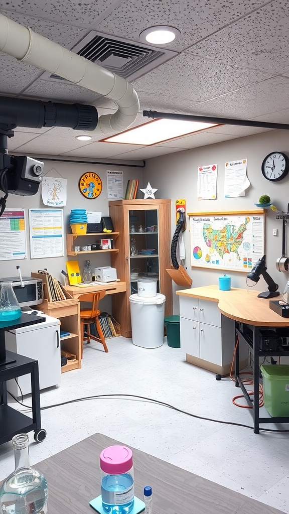 A well-organized home science lab with colorful supplies and a spacious work area.