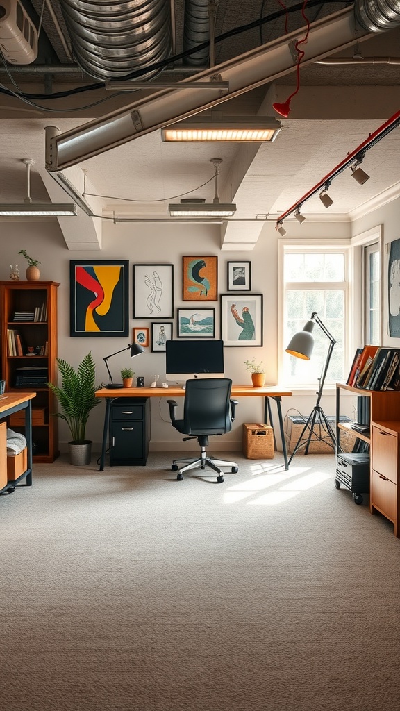 A stylish basement office featuring two workstations, vibrant wall art, and natural light.