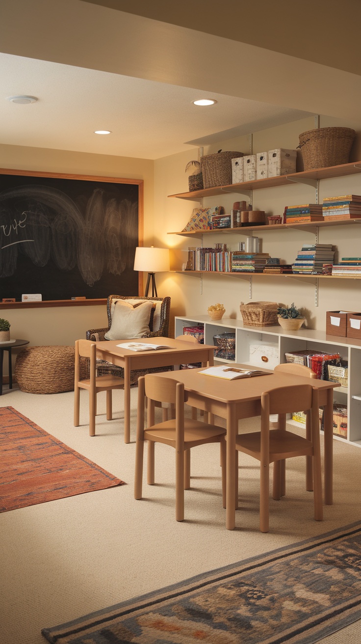 A bright and organized interactive learning space with tables, chairs, and a chalkboard.