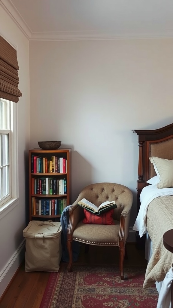A cozy reading nook featuring a tufted chair, a small bookshelf filled with colorful books, and an open book resting on the chair.