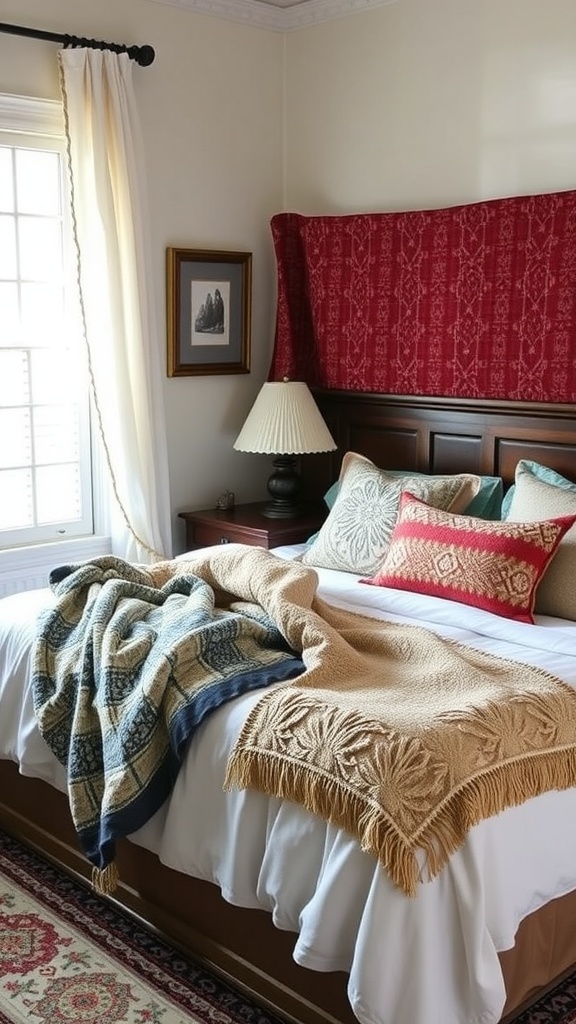 A beautifully layered bed with various textiles, including a golden throw, blue blanket, and decorative pillows, set against a red headboard.