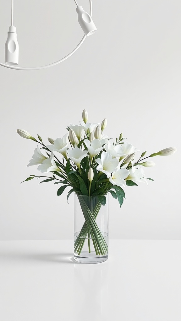 A monochromatic arrangement of white flowers in a clear vase on a white table.