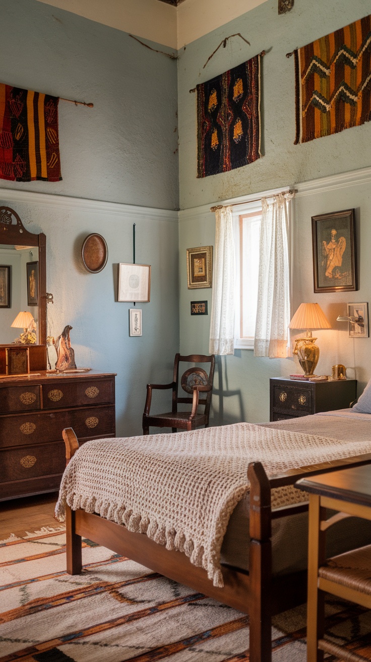 A cozy traditional bedroom featuring family heirlooms and vintage photographs on the walls.