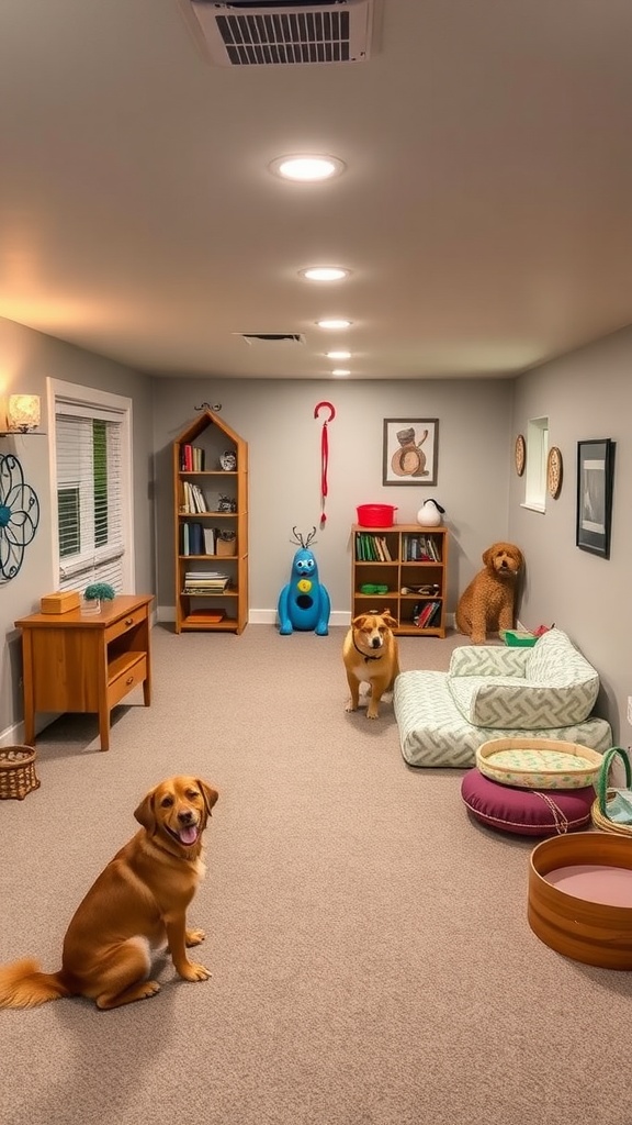 A pet-friendly basement play area with dogs, cozy beds, and playful decor.