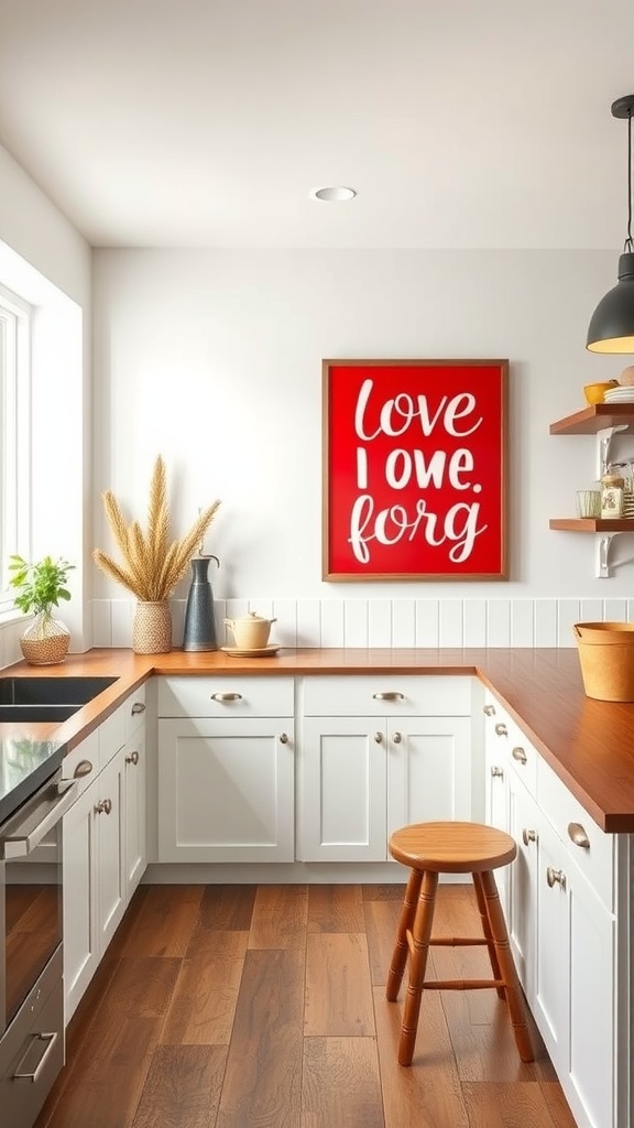 A modern farmhouse kitchen featuring playful red wall art with the words 'love I owe. forg' framed above a wooden countertop.