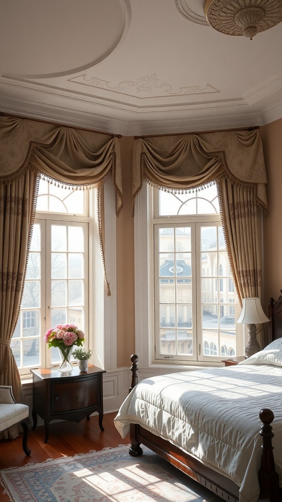 Elegant bedroom with refined window treatments, featuring soft drapes and decorative tassels.