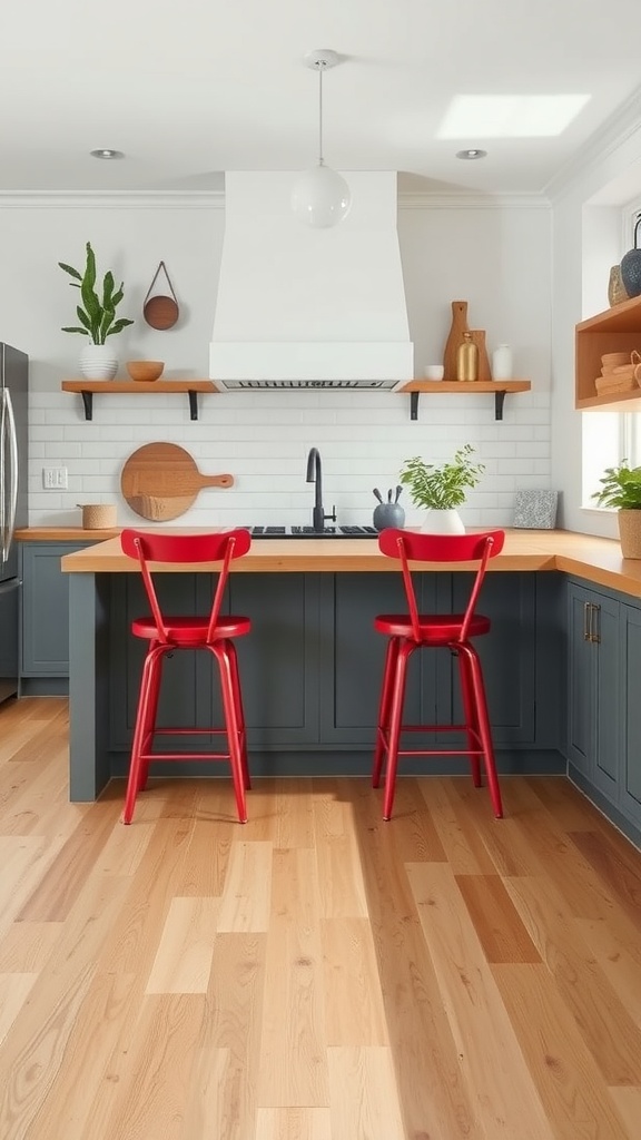 A modern farmhouse kitchen featuring rustic red bar stools, gray cabinets, and wooden countertops.