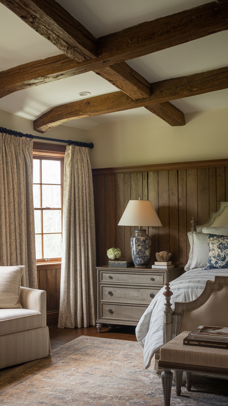 A cozy bedroom featuring rustic wooden beams on the ceiling, a comfortable bed with neutral bedding, wooden nightstands, and tasteful artwork.