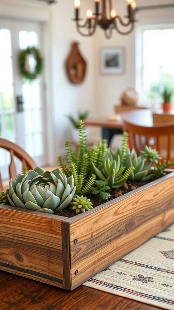 A rustic wooden box filled with various succulents on a dining table.