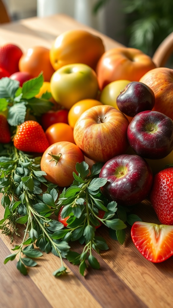 A colorful assortment of seasonal fruits and fresh herbs on a wooden table.