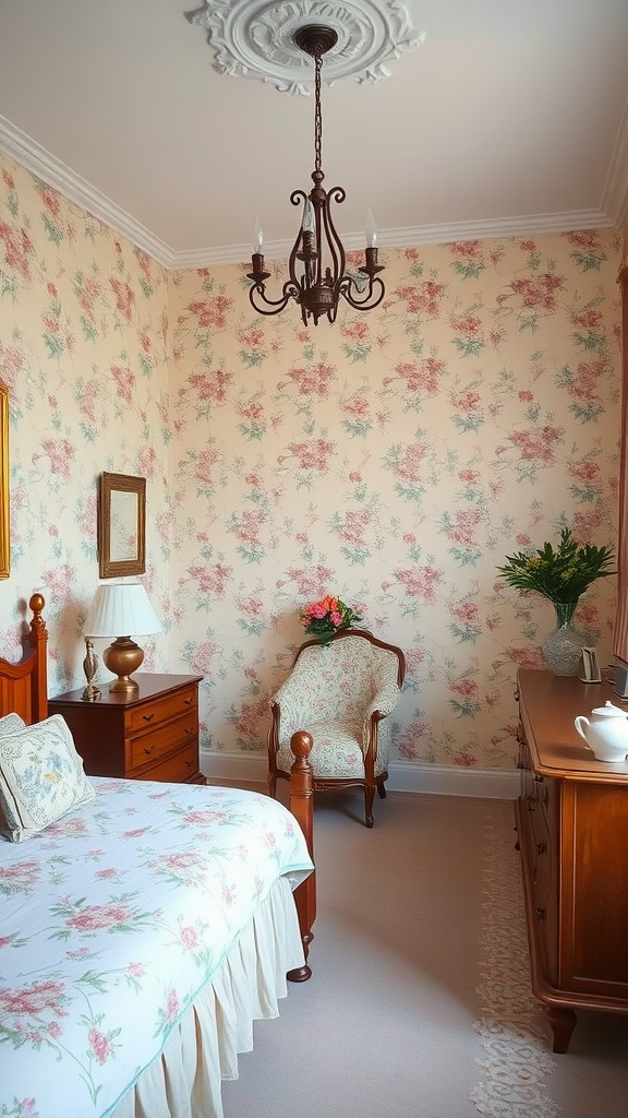 A cozy bedroom featuring soft patterned floral wallpaper, vintage furniture, and warm lighting.