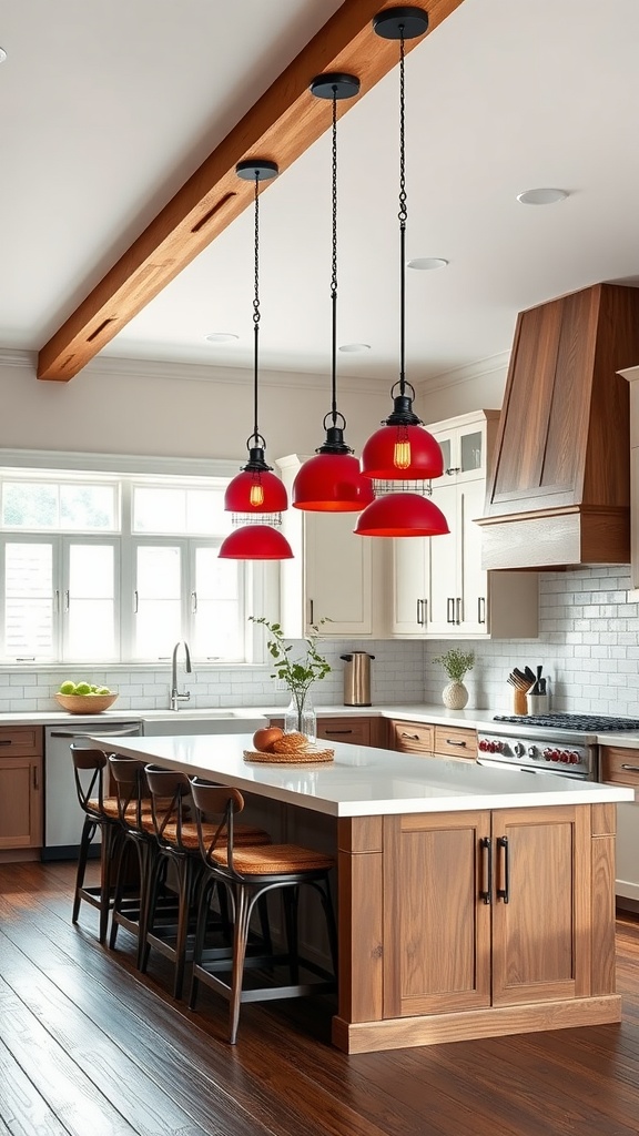 Modern farmhouse kitchen with red pendant lighting over a kitchen island