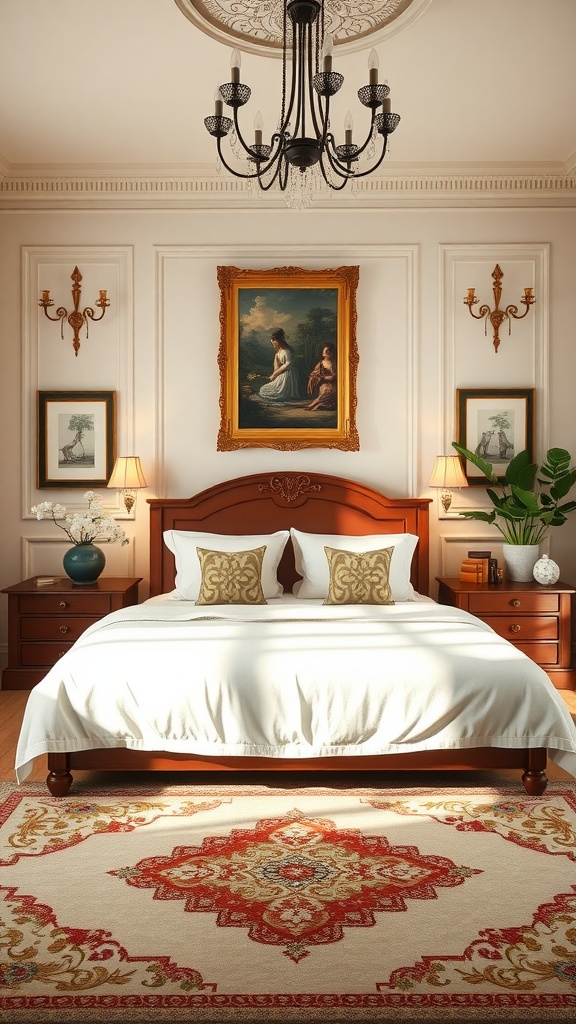 Traditional bedroom with symmetrical layout, featuring a central bed, matching bedside tables, and decorative art.
