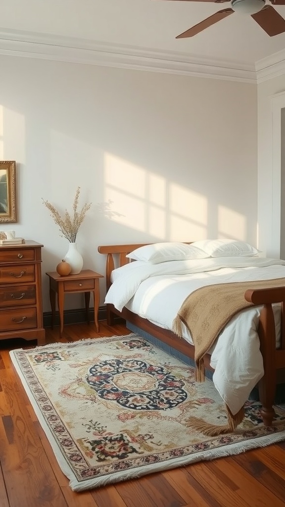 A cozy bedroom featuring a wooden bed, soft bedding, and a decorative area rug with intricate patterns.