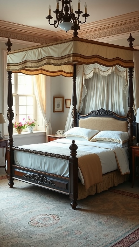 A beautifully designed traditional bedroom featuring a four-poster bed with a canopy, elegant curtains, and classic decor.