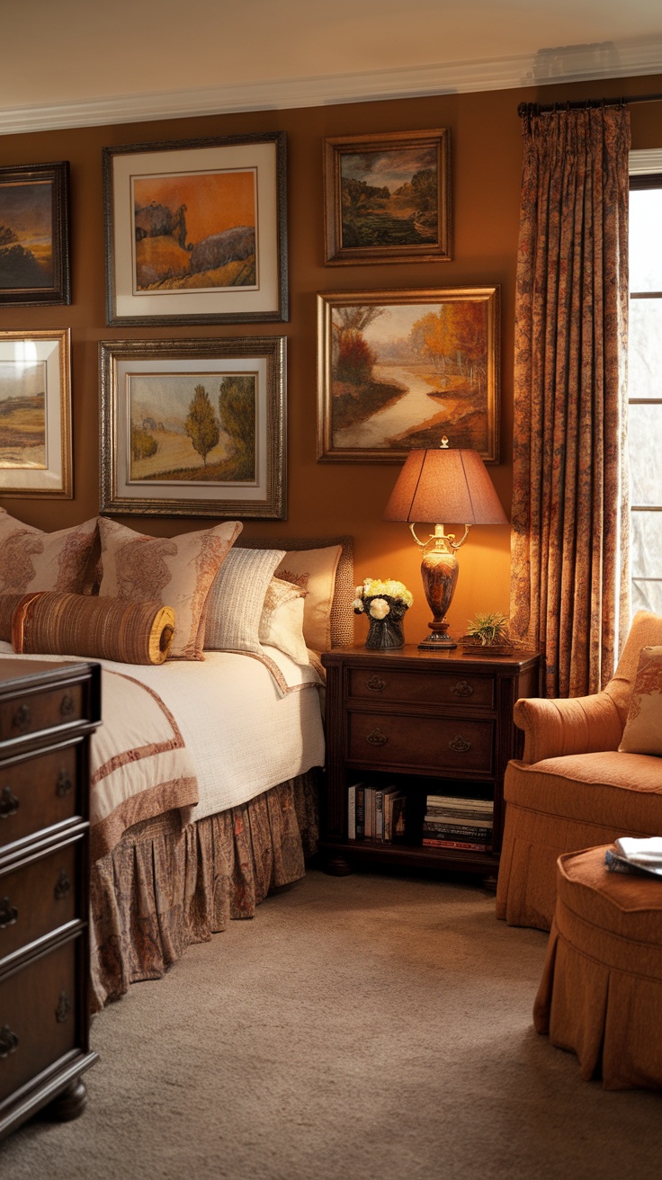 A traditional bedroom featuring a collection of framed artworks on a peach wall, a bed with a beige throw, and a bedside lamp.