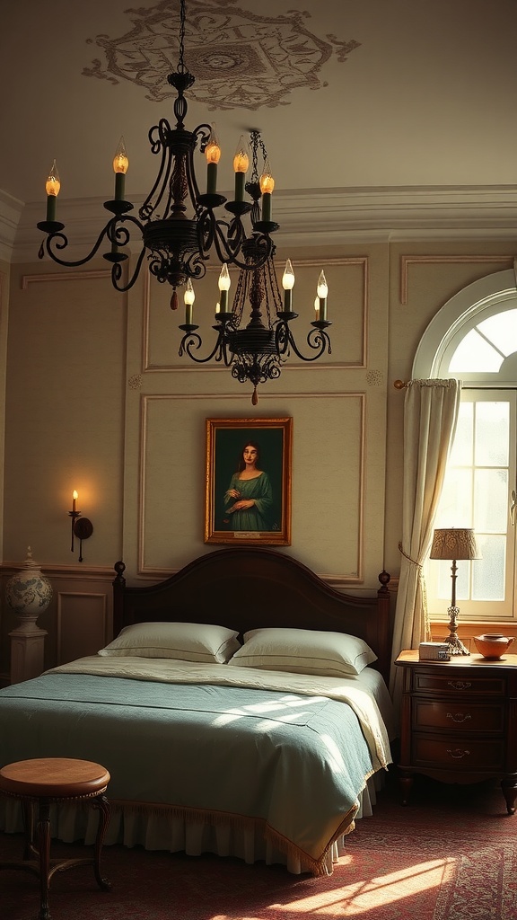A vintage bedroom with a sophisticated chandelier and warm lighting.