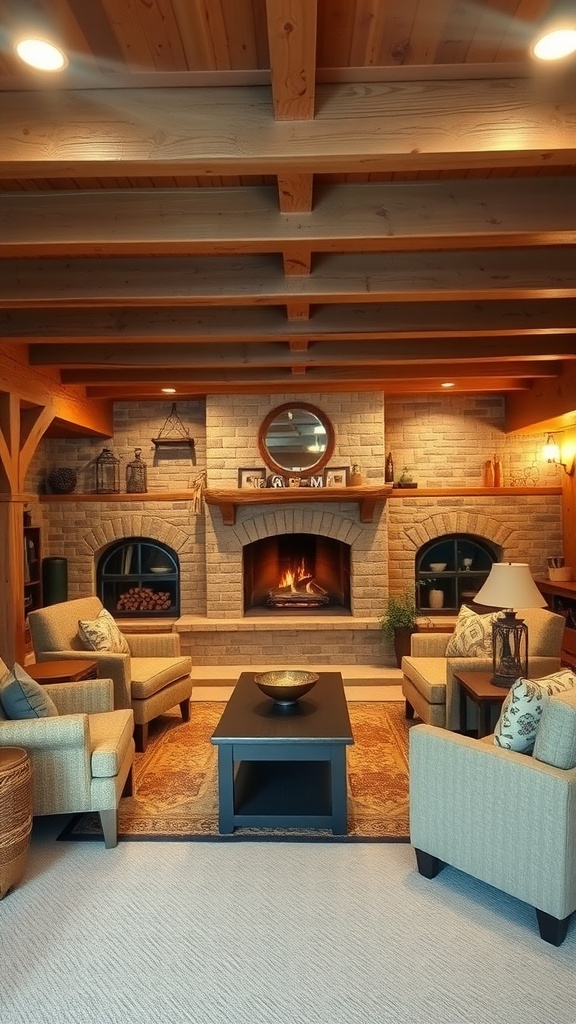Cozy rustic lounge with wooden beams, stone fireplace, and comfortable seating.