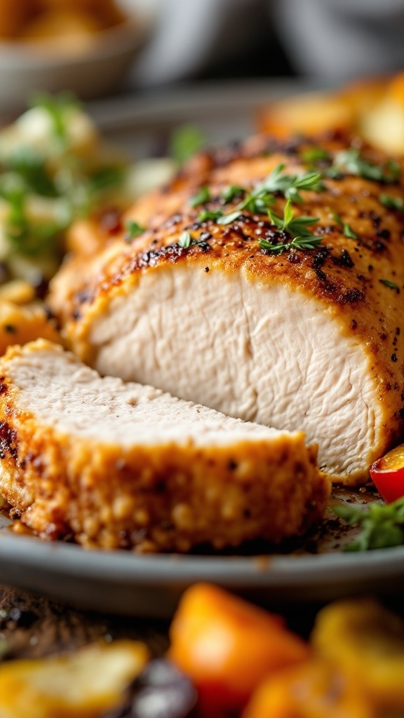 Close-up of sliced air fryer chicken breast with herbs and spices