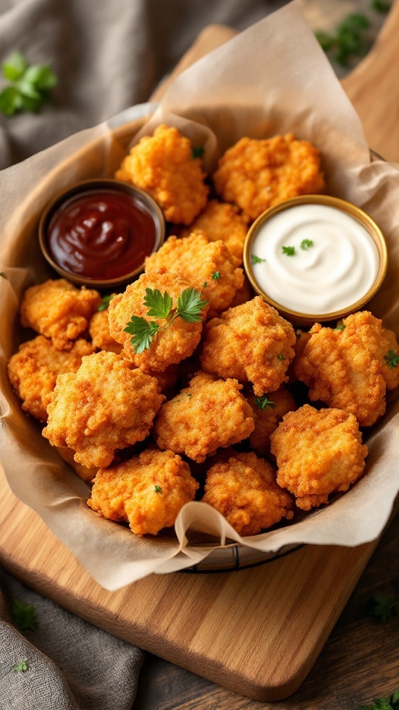 A basket of golden brown air fryer chicken nuggets with dipping sauces