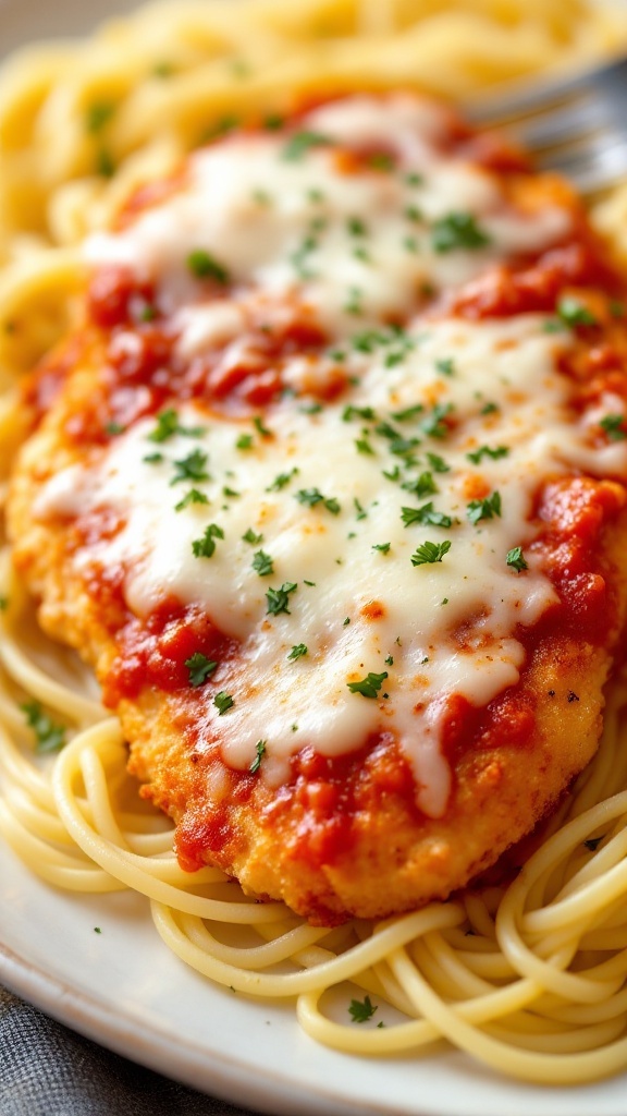 A plate of Air Fryer Chicken Parmesan served over spaghetti with marinara sauce and cheese