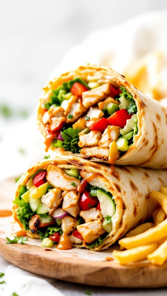 Air fryer chicken shawarma wrap with fresh vegetables and fries