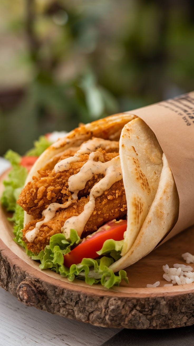 A delicious chicken shawarma wrap with crispy chicken, lettuce, and tomato drizzled with sauce, served on a wooden plate.