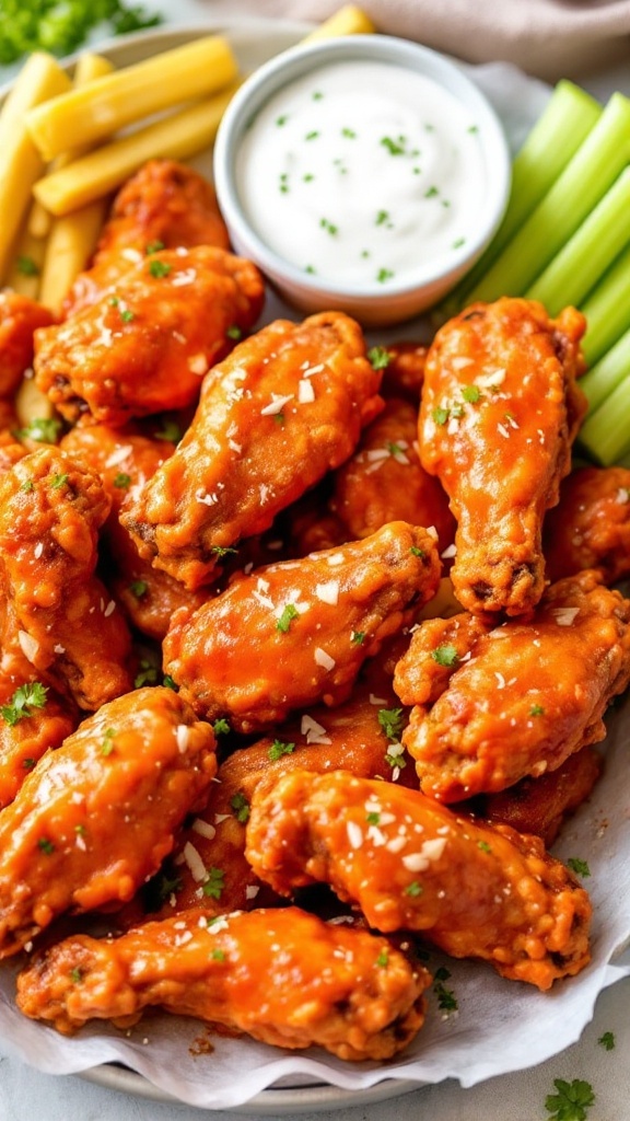 A plate of crispy chicken wings with ranch dressing and celery sticks.