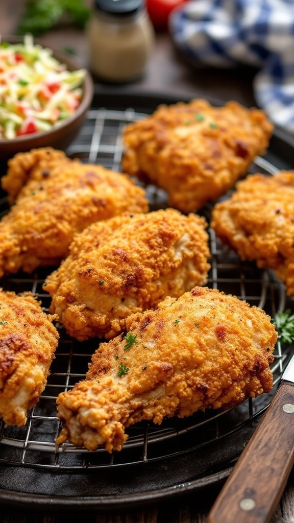 Golden-brown air fryer fried chicken on a wire rack