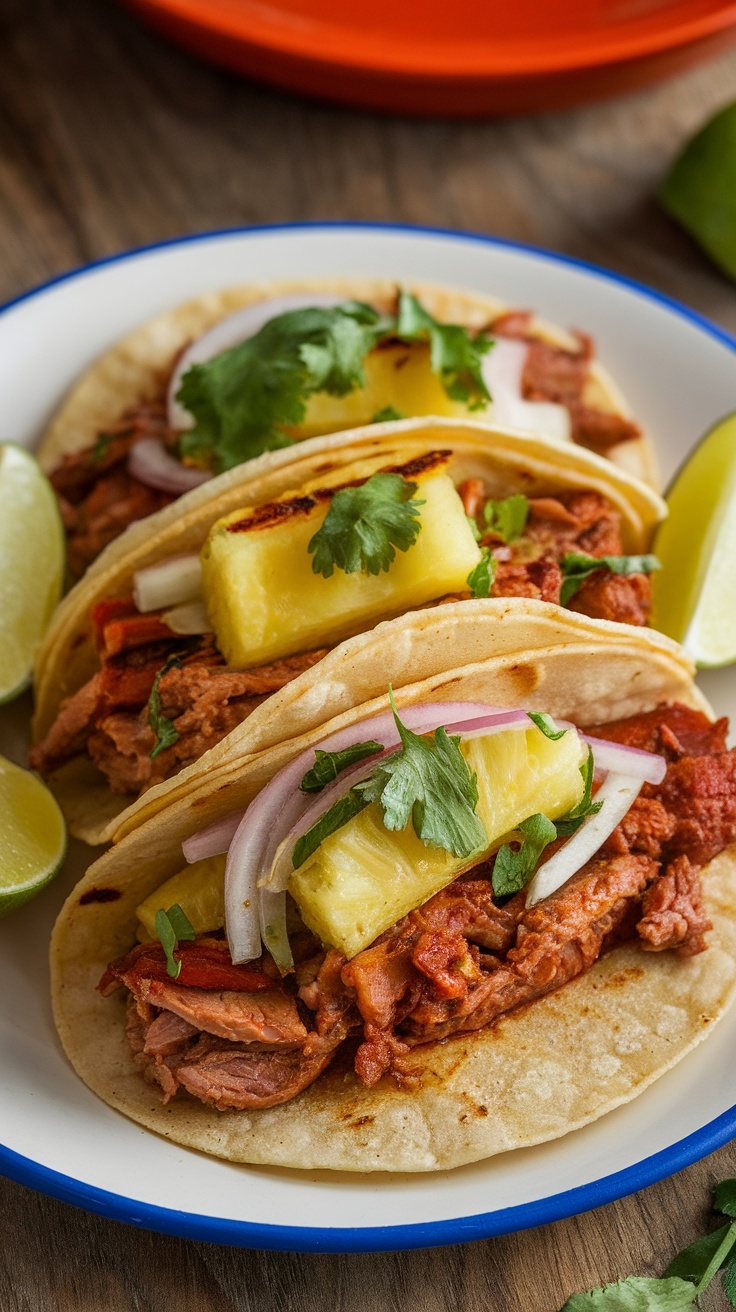 Three Al Pastor Tacos with pineapple, onion, and cilantro on a plate.