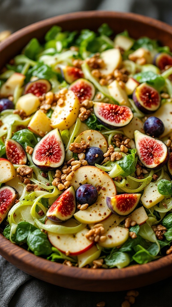 A vibrant salad with sliced apples, figs, Brussels sprouts, and nuts in a wooden bowl.