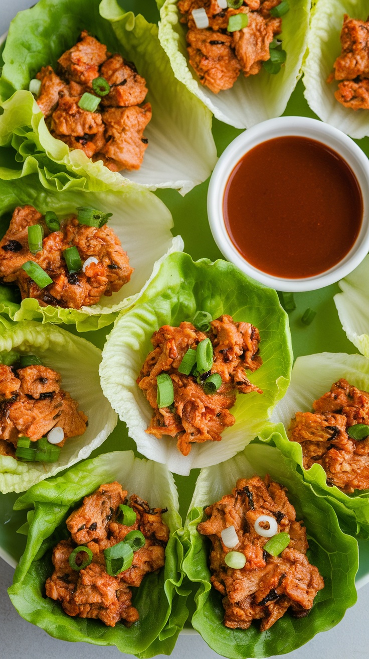 A plate of Asian Chicken Lettuce Wraps with dipping sauce.