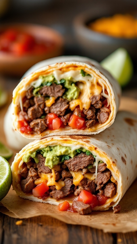 A close-up of a carne asada burrito with fresh ingredients.