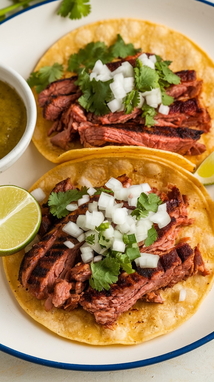 Two carne asada street tacos with cilantro and onions, served with lime and salsa.