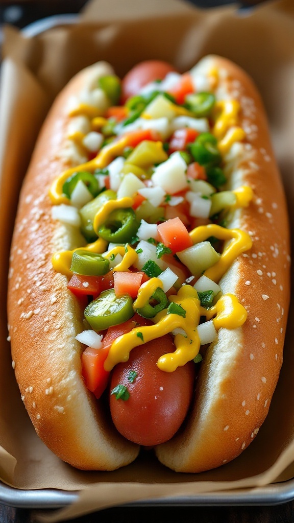 Chicago-style hot dog topped with mustard, onions, and green toppings in a sesame seed bun