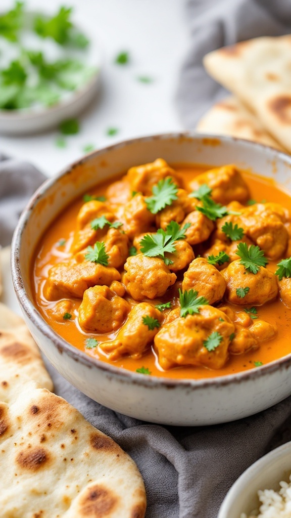 A bowl of butter chicken garnished with cilantro, alongside naan bread.