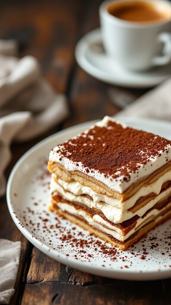 A delicious slice of tiramisu on a plate with a cup of coffee in the background.