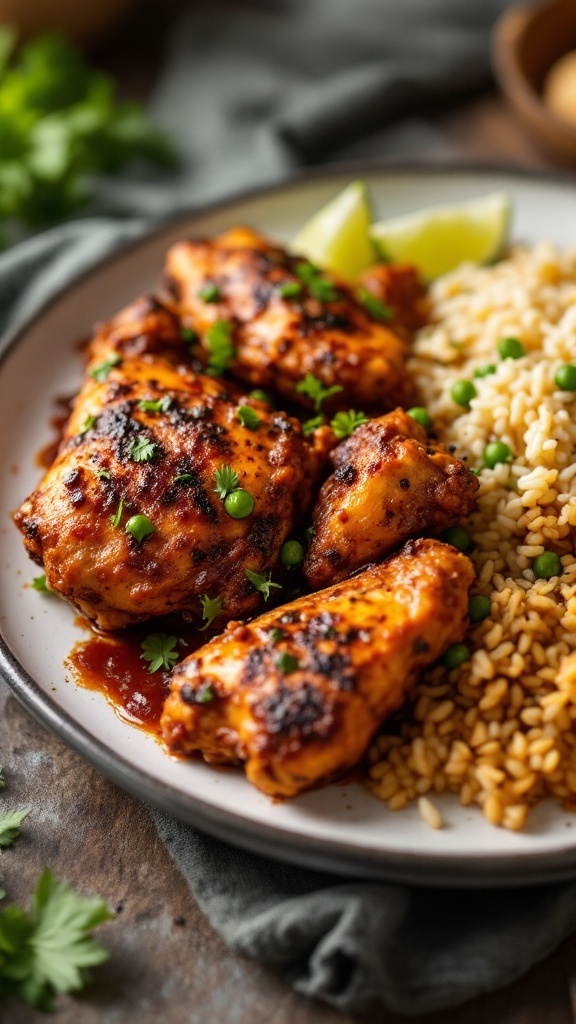 A plate of authentic Jamaican jerk chicken served with rice.