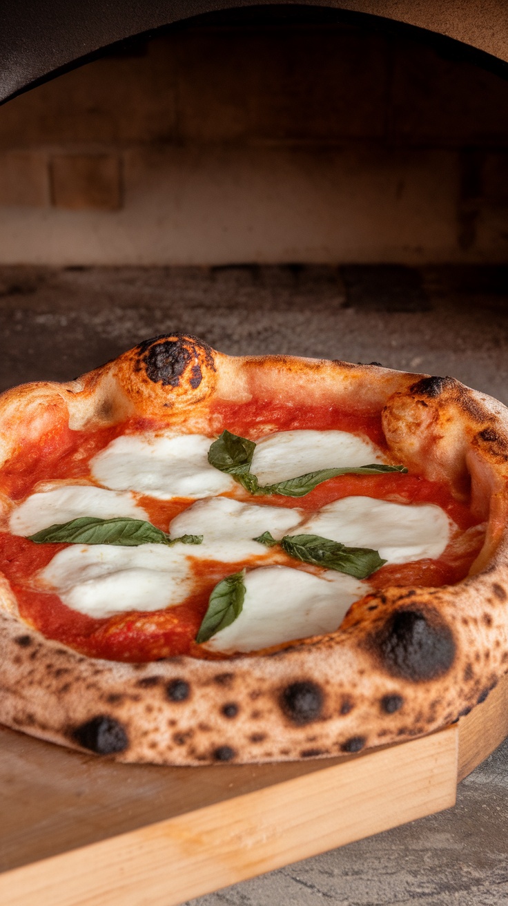 A delicious Neapolitan pizza with mozzarella and basil