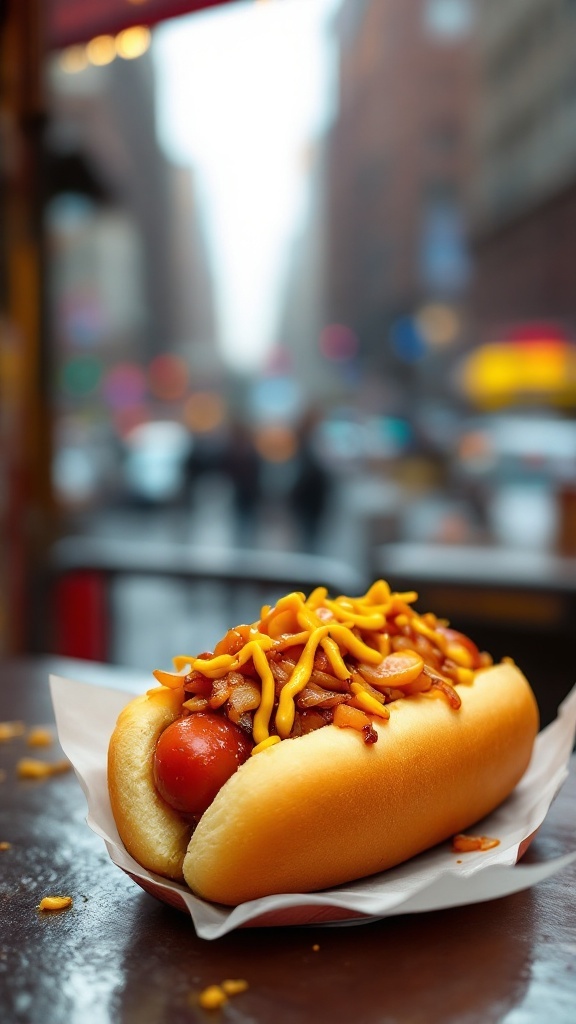 A delicious New York-style hot dog topped with mustard and onions, sitting on a table.