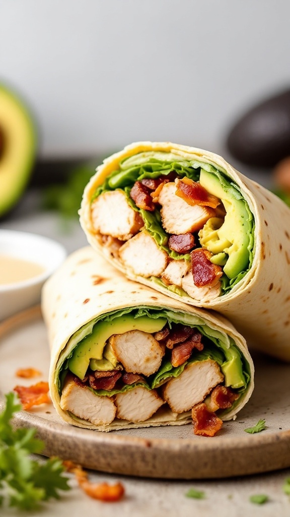 Two avocado bacon chicken wraps cut in half on a wooden board