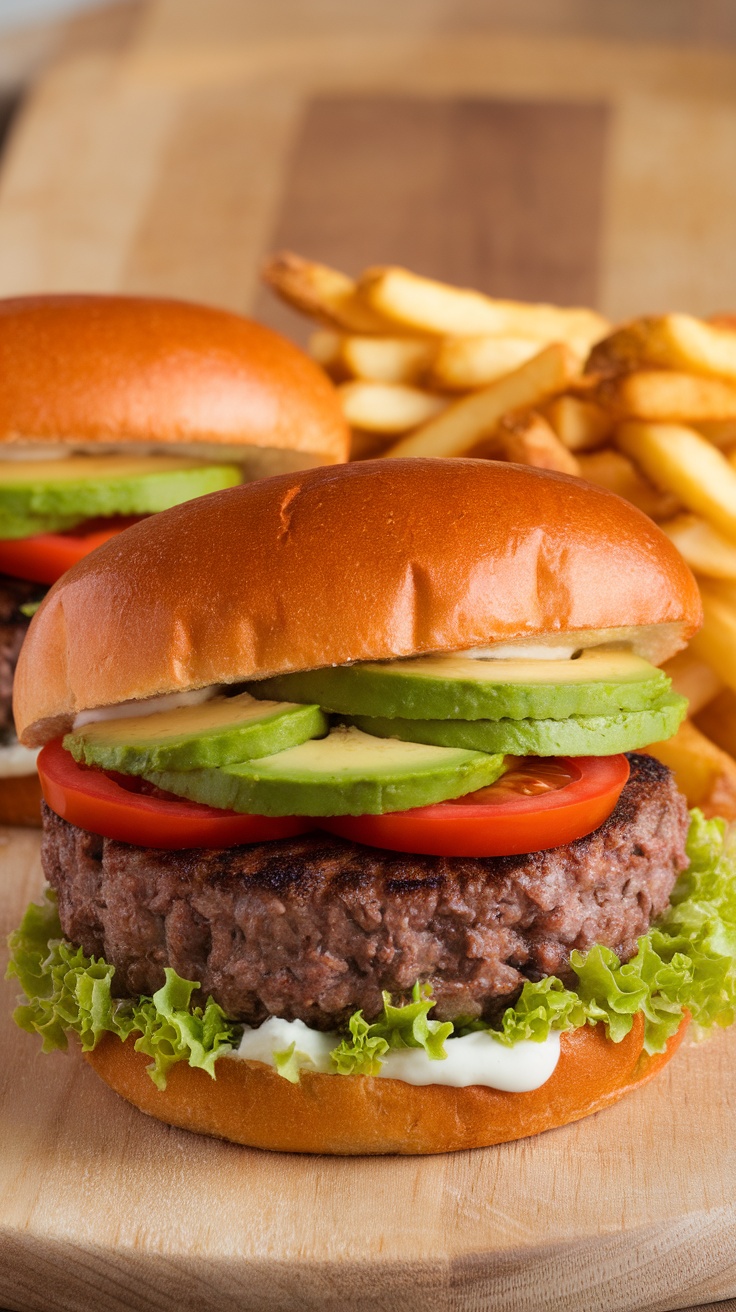 Avocado Bliss Burger with lettuce, tomato, and avocado on a bun, served with fries