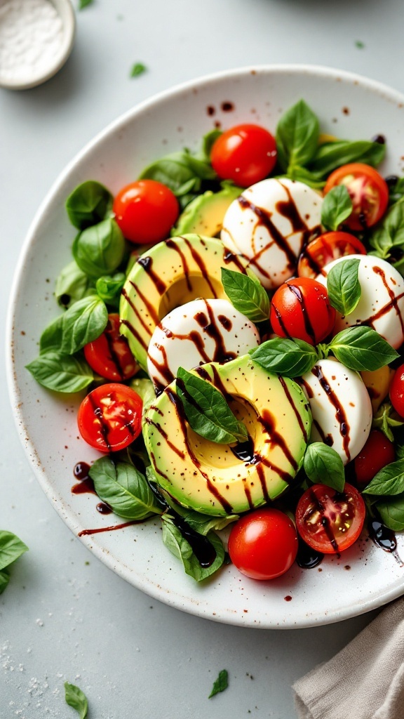 A plate of Avocado Caprese Salad with tomatoes, mozzarella, avocado, and basil.