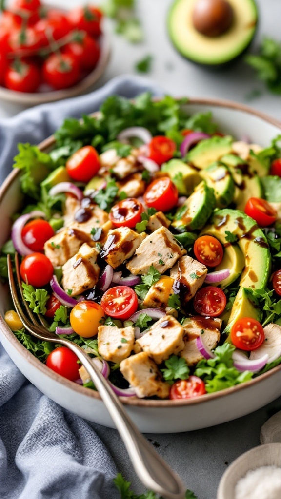 A bowl of avocado chicken salad with tomatoes, onions, and greens.