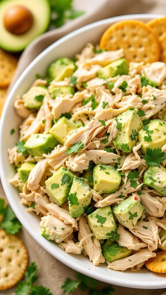 Bowl of avocado chicken salad with crackers.