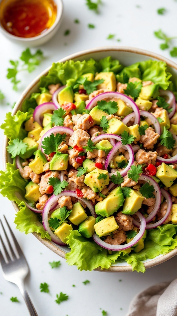 A bowl of Avocado Tuna Salad with fresh ingredients and garnishes.