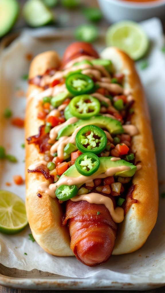 Bacon-wrapped Mexican hot dog topped with jalapeños and sauce