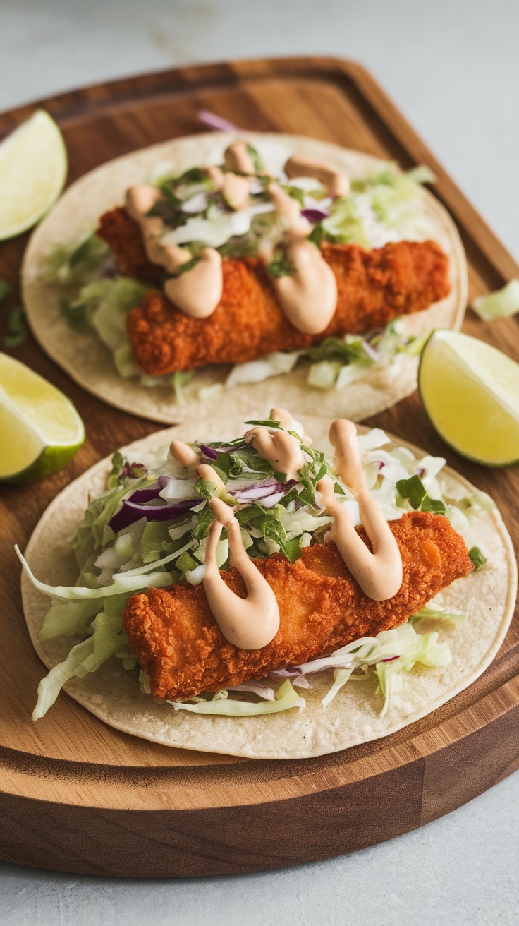 Baja fish tacos with crispy fish, lettuce, and lime on a wooden board.